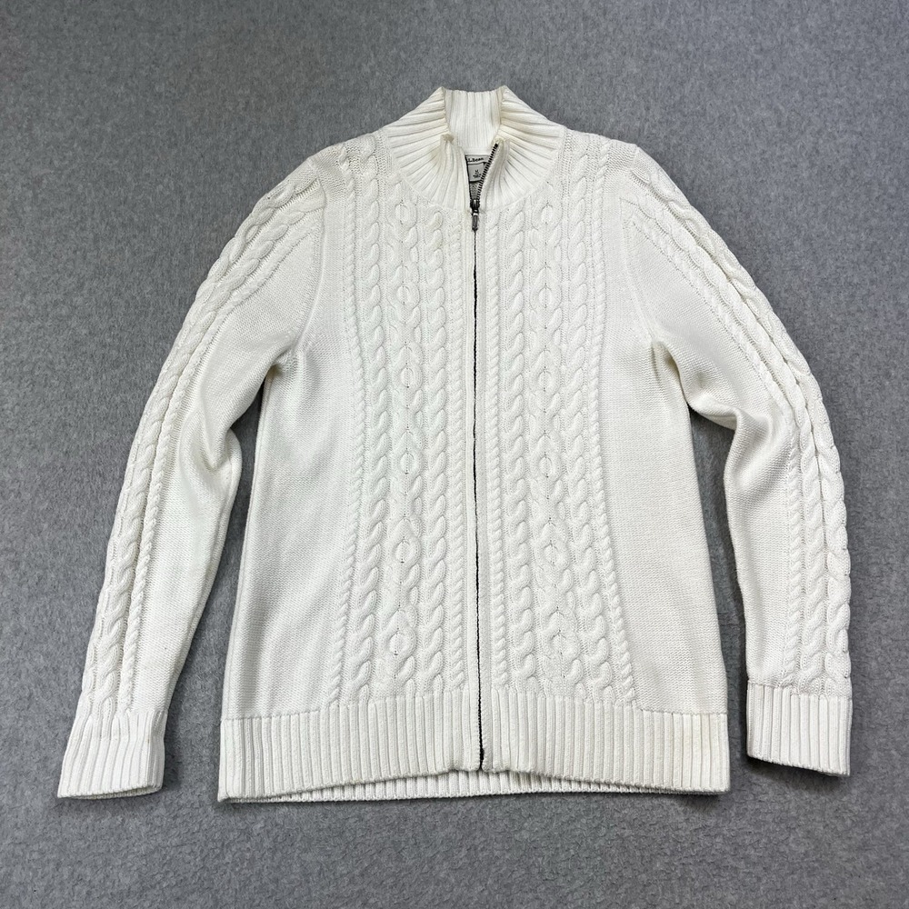 LL Bean Cable Knit Zip Up Sweater Womens Medium Petite Fisherman Chunky Ivory